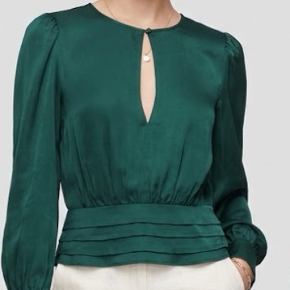 Good American Emerald Green Satin Keyhole Long Sleeve Blouse 2